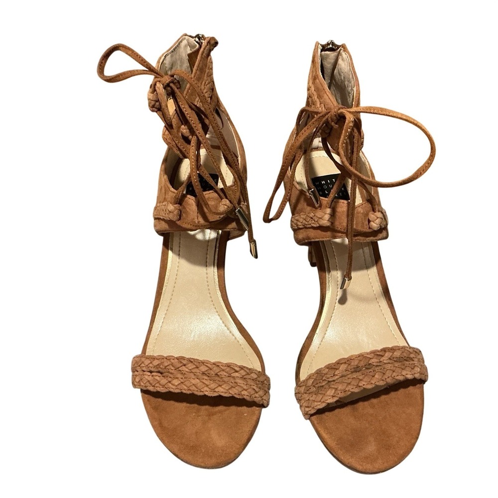 White House Black Market Tan Suede Ankle 3" Heels Back Zip 6.5M Open Toe Boho - Picture 7 of 9